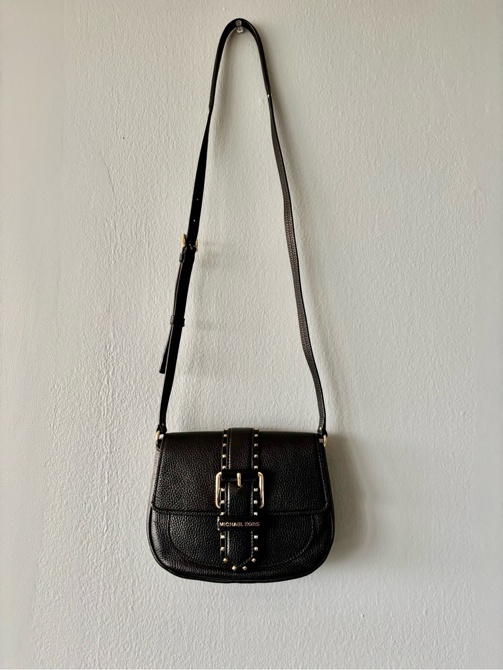 Michael Kors Black Pebbled Leather Crossbody Saddle Bag with Studded Strap